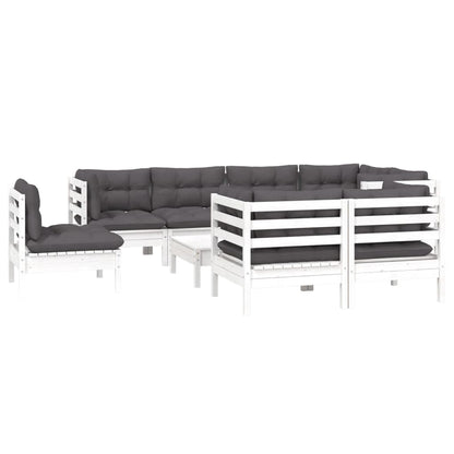 9-tlg. Garten-Lounge-Set mit Kissen Weiß Kiefer Massivholz