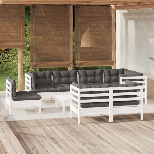 9-tlg. Garten-Lounge-Set mit Kissen Weiß Kiefer Massivholz