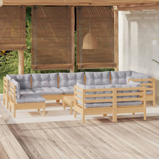 Salon de jardin 10 pièces avec coussins gris, bois de pin massif