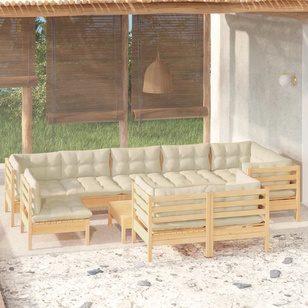 Salon de jardin 10 pièces avec coussins crème, bois de pin massif
