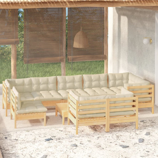 Salon de jardin 10 pièces avec coussins crème, bois de pin massif