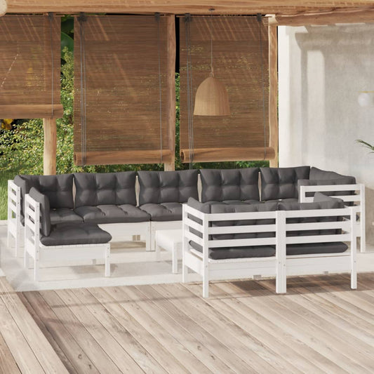 10-tlg. Garten-Lounge-Set mit Kissen Weiß Kiefer Massivholz