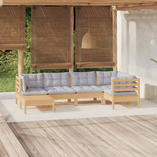 6-tlg. Garten-Lounge-Set mit Grauen Kissen Kiefer Massivholz