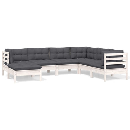 7-tlg. Garten-Lounge-Set mit Kissen Weiß Kiefer Massivholz