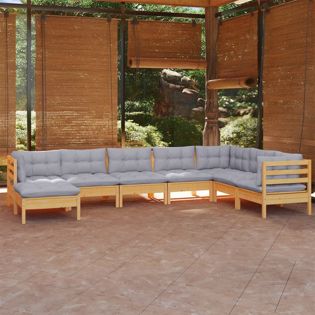 8-tlg. Garten-Lounge-Set mit Grauen Kissen Kiefer Massivholz