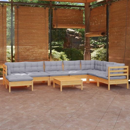 9-tlg. Garten-Lounge-Set mit Grauen Kissen Kiefer Massivholz