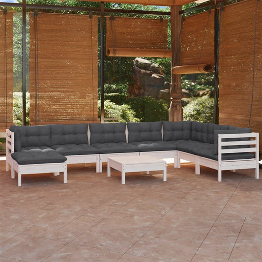 9-tlg. Garten-Lounge-Set mit Kissen Weiß Kiefer Massivholz