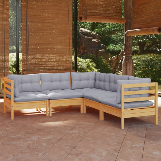 5-tlg. Garten-Lounge-Set mit Grauen Kissen Kiefer Massivholz