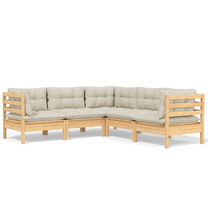 5-tlg. Garten-Lounge-Set mit Creme Kissen Massivholz Kiefer