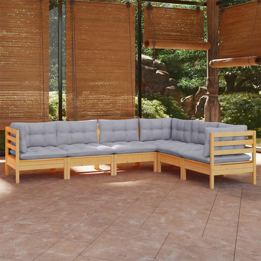 6-tlg. Garten-Lounge-Set mit Grauen Kissen Kiefer Massivholz