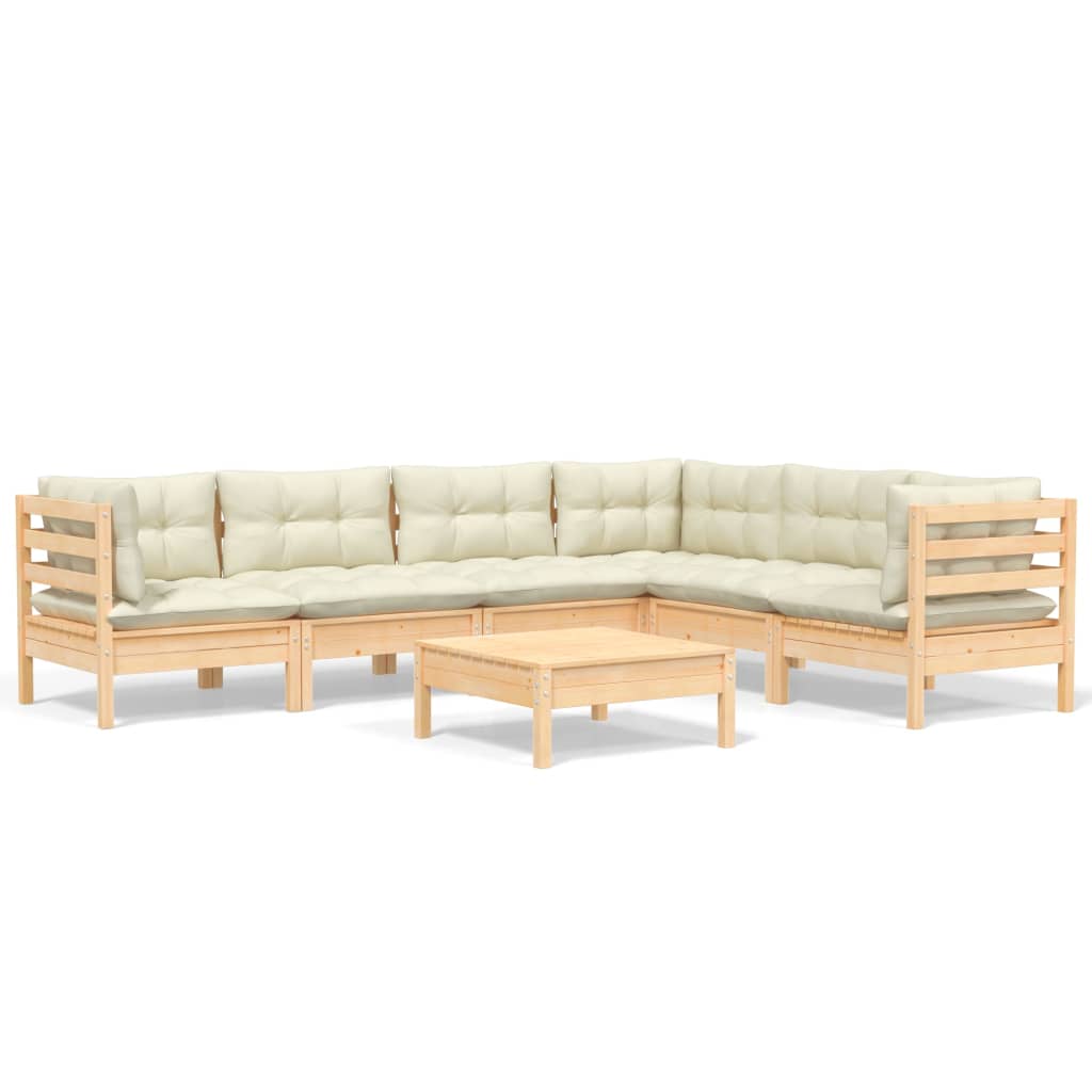 7-tlg. Garten-Lounge-Set mit Creme Kissen Massivholz Kiefer