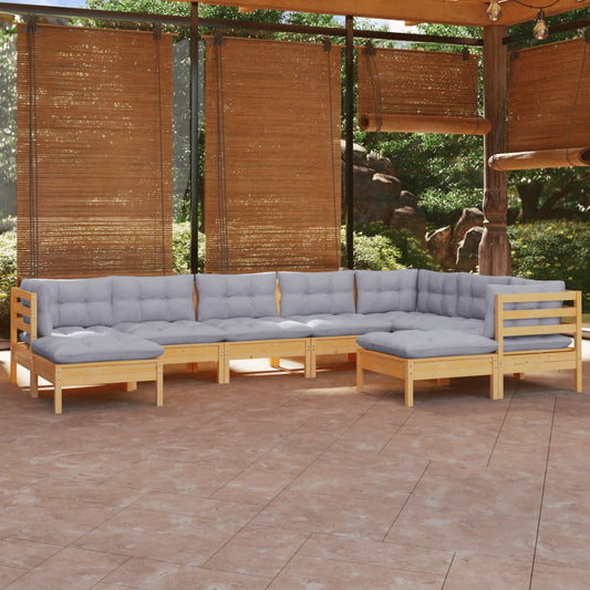 9-tlg. Garten-Lounge-Set mit Grauen Kissen Kiefer Massivholz
