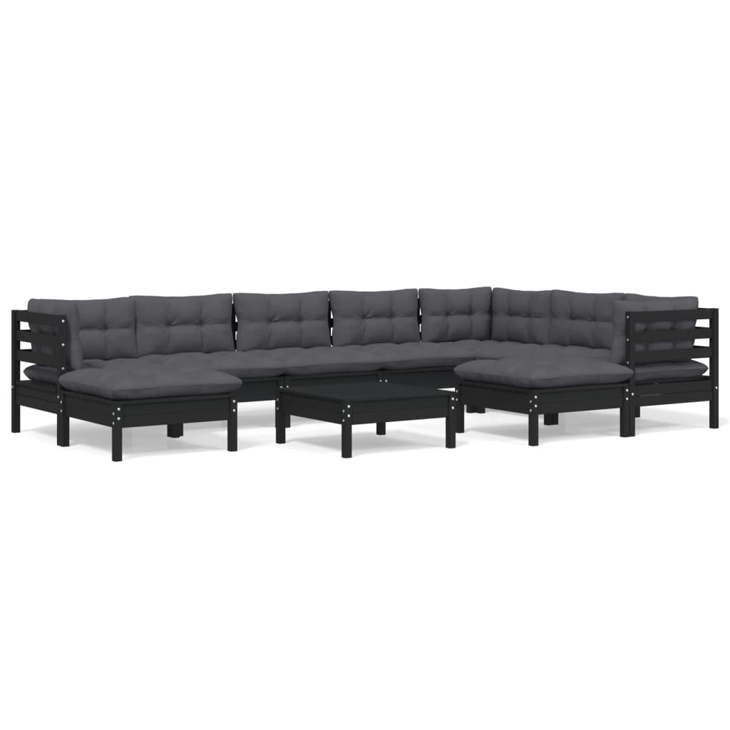 Salon de jardin 10 pièces avec coussins, en pin massif noir