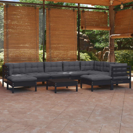 Salon de jardin 10 pièces avec coussins, en pin massif noir