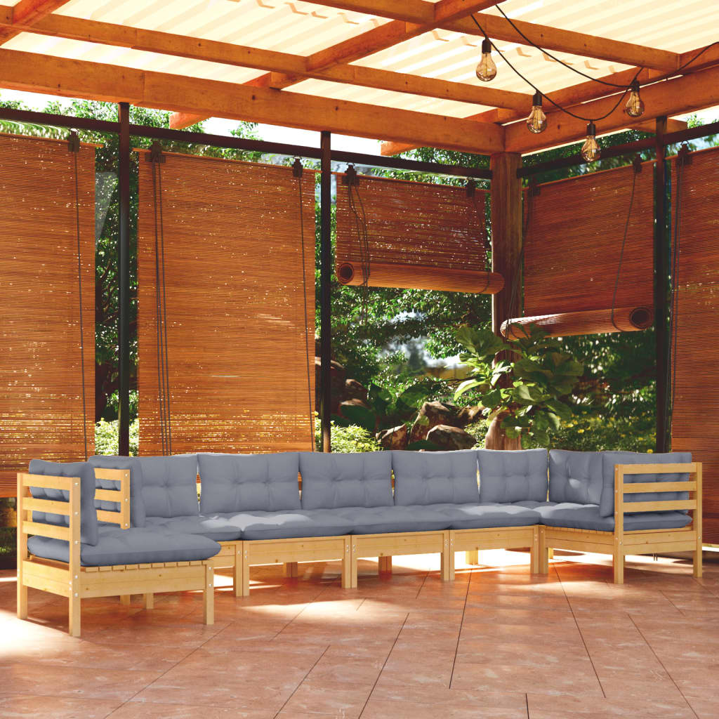 8-tlg. Garten-Lounge-Set mit Grauen Kissen Kiefer Massivholz