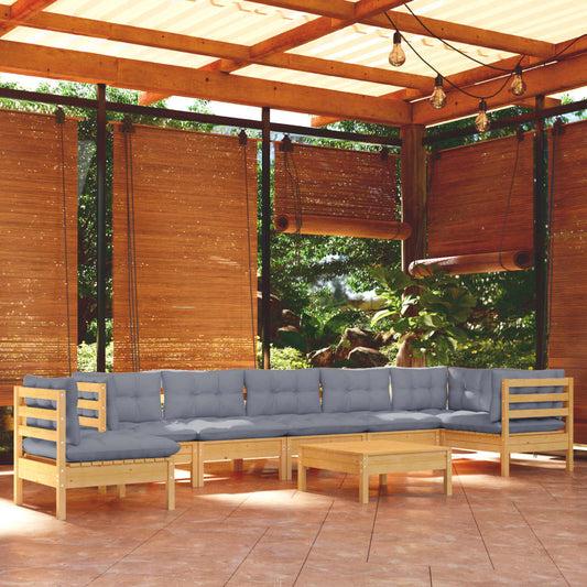 9-tlg. Garten-Lounge-Set mit Grauen Kissen Kiefer Massivholz
