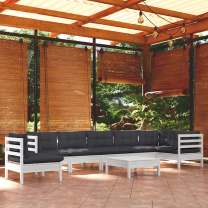 9-tlg. Garten-Lounge-Set mit Kissen Weiß Kiefer Massivholz
