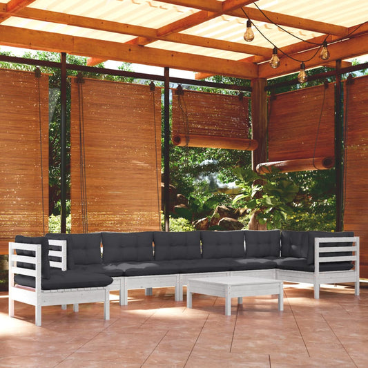 9-tlg. Garten-Lounge-Set mit Kissen Weiß Kiefer Massivholz