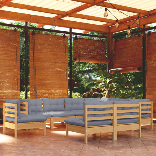 9-tlg. Garten-Lounge-Set mit Grauen Kissen Kiefer Massivholz