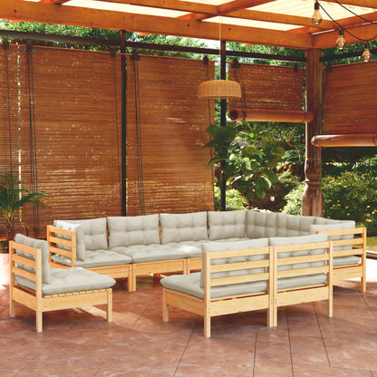 9-tlg. Garten-Lounge-Set mit Creme Kissen Massivholz Kiefer