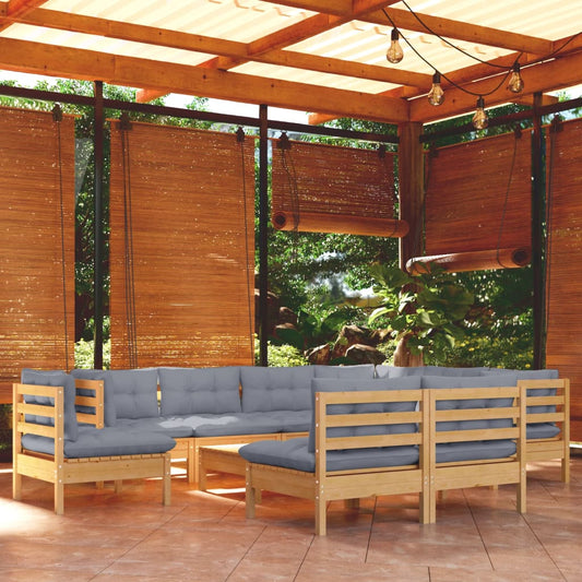 Salon de jardin 10 pièces avec coussins gris, bois de pin massif