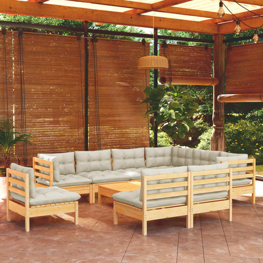 Salon de jardin 10 pièces avec coussins crème, bois de pin massif