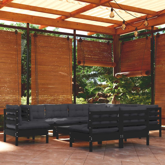Salon de jardin 10 pièces avec coussins, noir, bois de pin massif