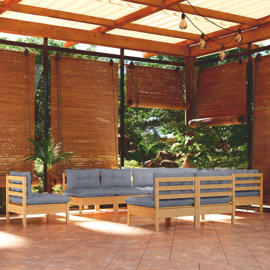 Salon de jardin 10 pièces avec coussins gris, bois de pin massif
