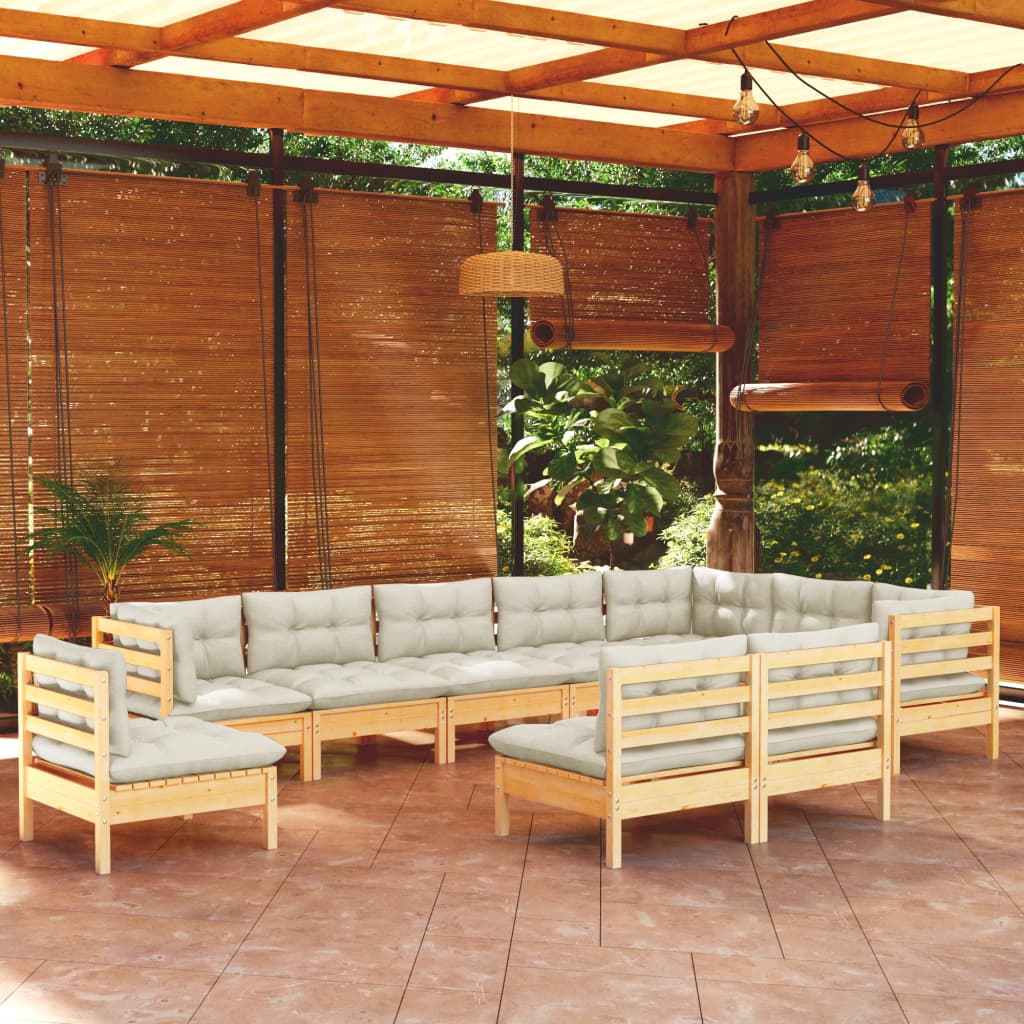 10-tlg. Garten-Lounge-Set mit Creme Kissen Massivholz Kiefer