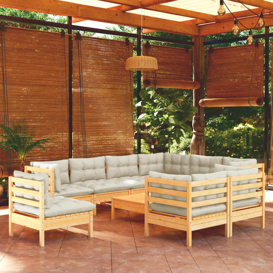 Salon de jardin 10 pièces avec coussins crème, bois de pin massif