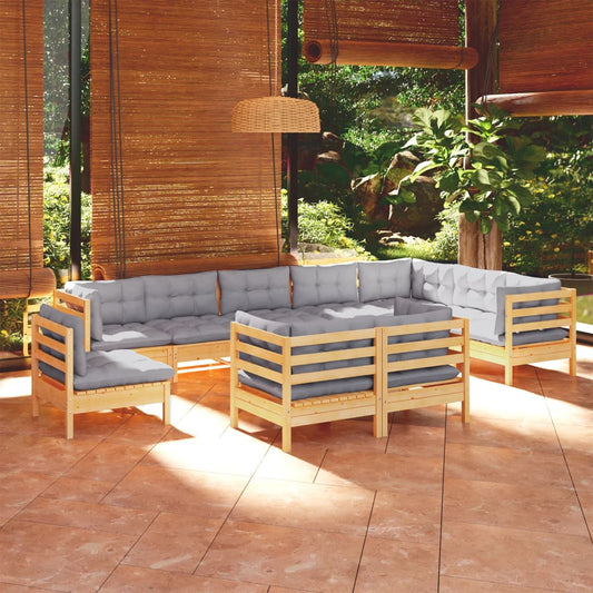 Salon de jardin 10 pièces avec coussins gris, bois de pin massif