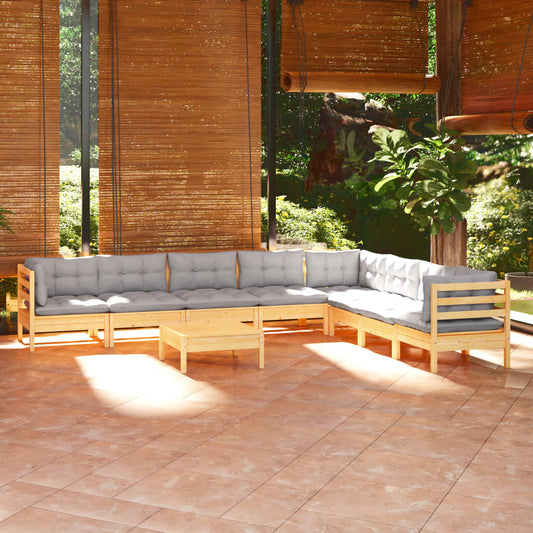 9-tlg. Garten-Lounge-Set mit Grauen Kissen Kiefer Massivholz