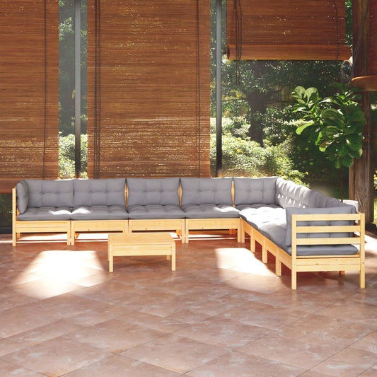 Salon de jardin 10 pièces avec coussins gris, bois de pin massif