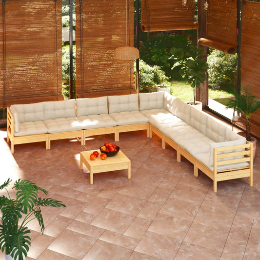 Salon de jardin 10 pièces avec coussins crème, bois de pin massif
