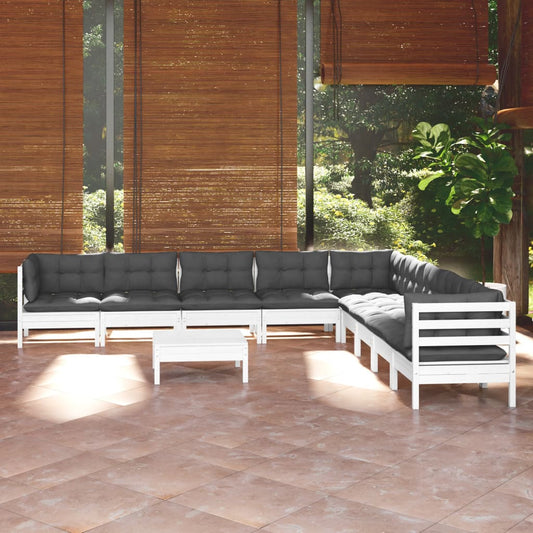 10-tlg. Garten-Lounge-Set mit Kissen Weiß Kiefer Massivholz