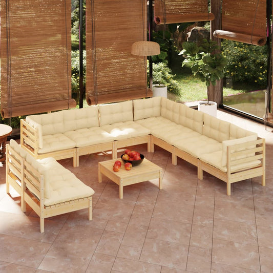 Salon de jardin 10 pièces avec coussins crème, bois de pin massif