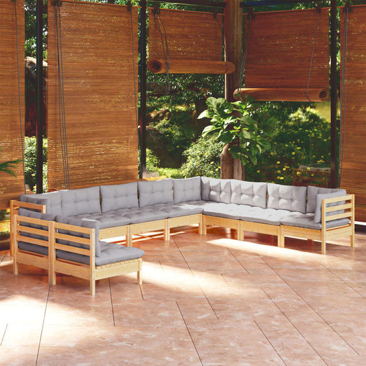 Salon de jardin 10 pièces avec coussins gris, bois de pin massif