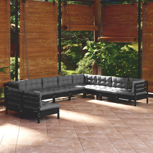 Salon de jardin 10 pièces avec coussins, noir, bois de pin massif