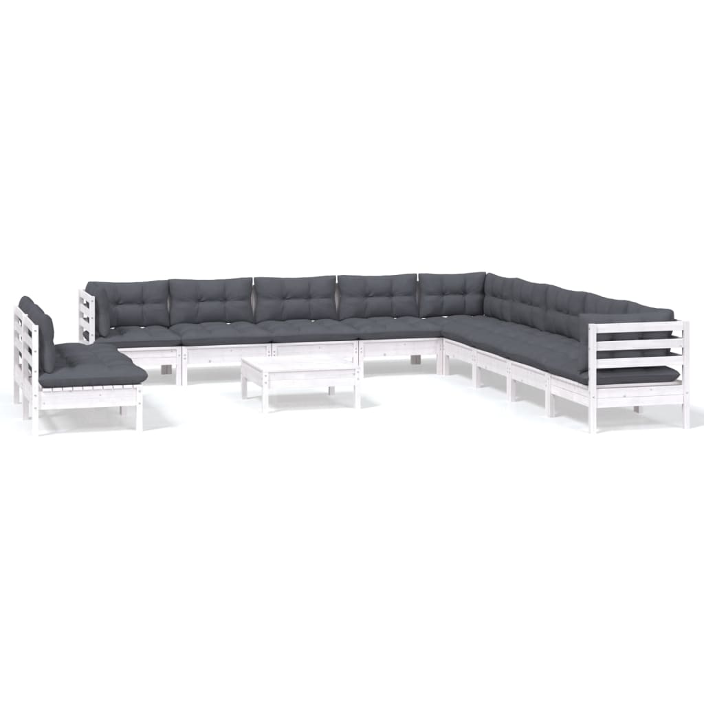 12-tlg. Garten-Lounge-Set mit Kissen Weiß Massivholz Kiefer