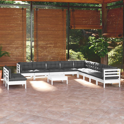 12-tlg. Garten-Lounge-Set mit Kissen Weiß Massivholz Kiefer