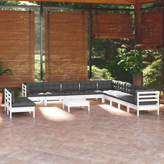 12-tlg. Garten-Lounge-Set mit Kissen Weiß Massivholz Kiefer