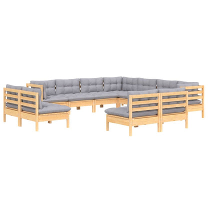 11-tlg. Garten-Lounge-Set mit Grauen Kissen Massivholz Kiefer
