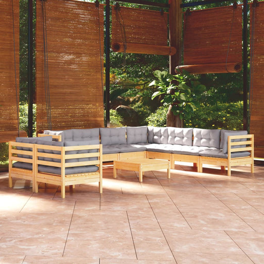Salon de jardin 10 pièces avec coussins gris, bois de pin massif