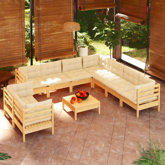 Salon de jardin 10 pièces avec coussins crème, bois de pin massif