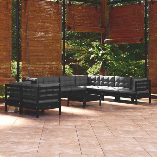 Salon de jardin 10 pièces avec coussins, noir, bois de pin massif