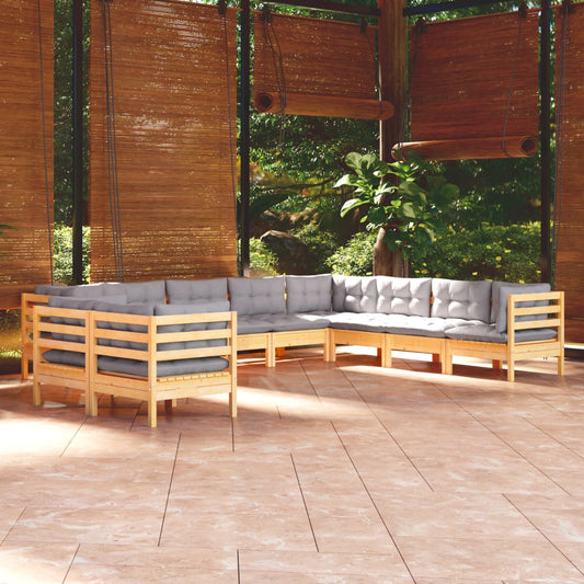 Salon de jardin 10 pièces avec coussins gris, bois de pin massif