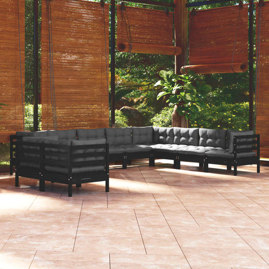 Salon de jardin 10 pièces avec coussins, noir, bois de pin massif