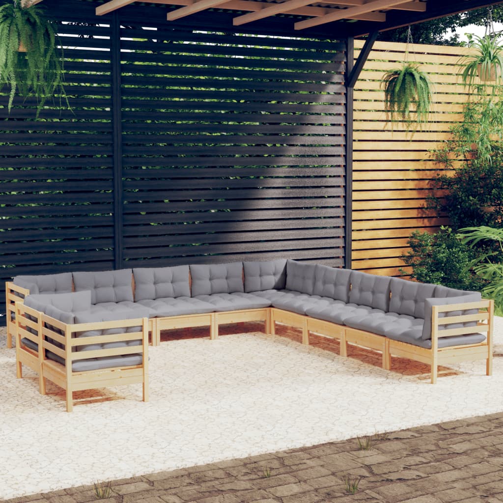 11-tlg. Garten-Lounge-Set mit Grauen Kissen Massivholz Kiefer