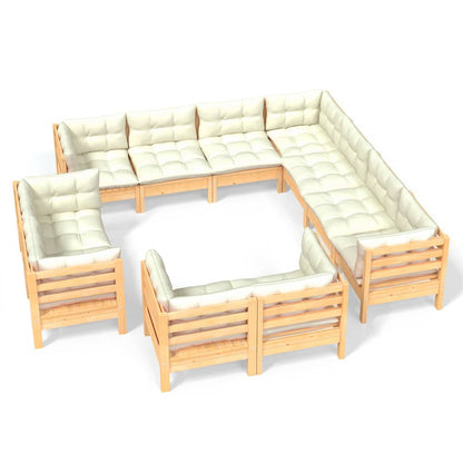 11-tlg. Garten-Lounge-Set mit Creme Kissen Massivholz Kiefer