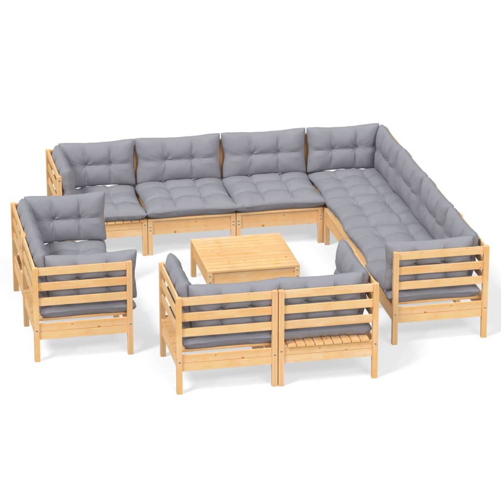 12-tlg. Garten-Lounge-Set mit Grauen Kissen Massivholz Kiefer